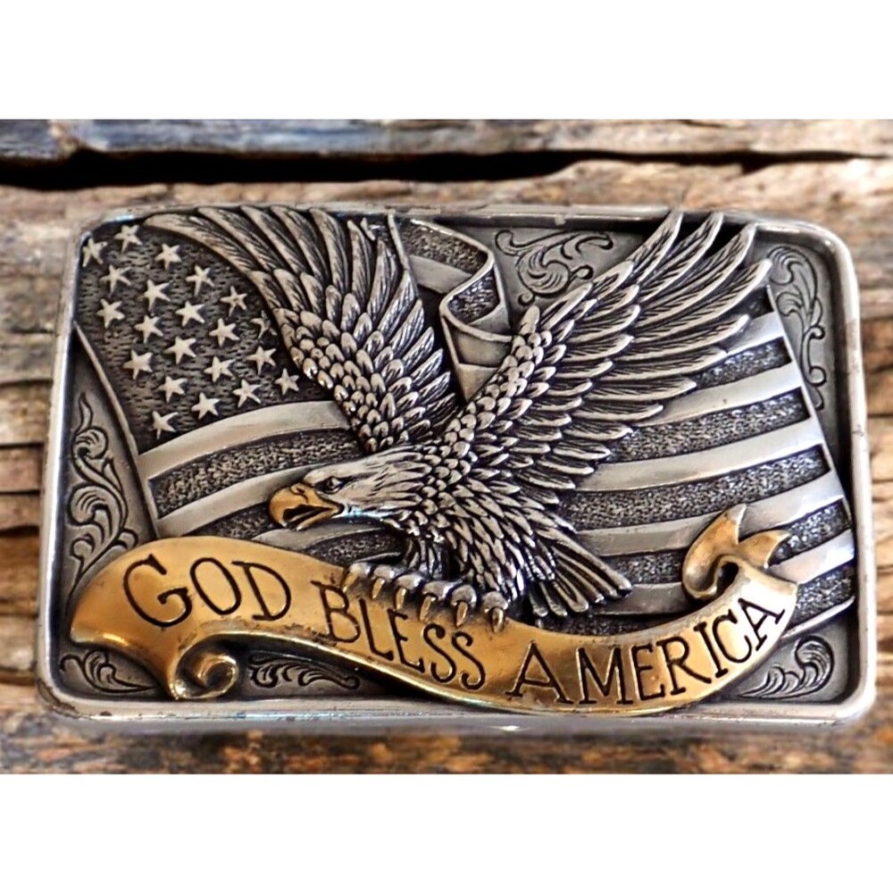 God Bless America Bald Eagle USA Flag Silver & Gold Tone Nocona Belt Buckle